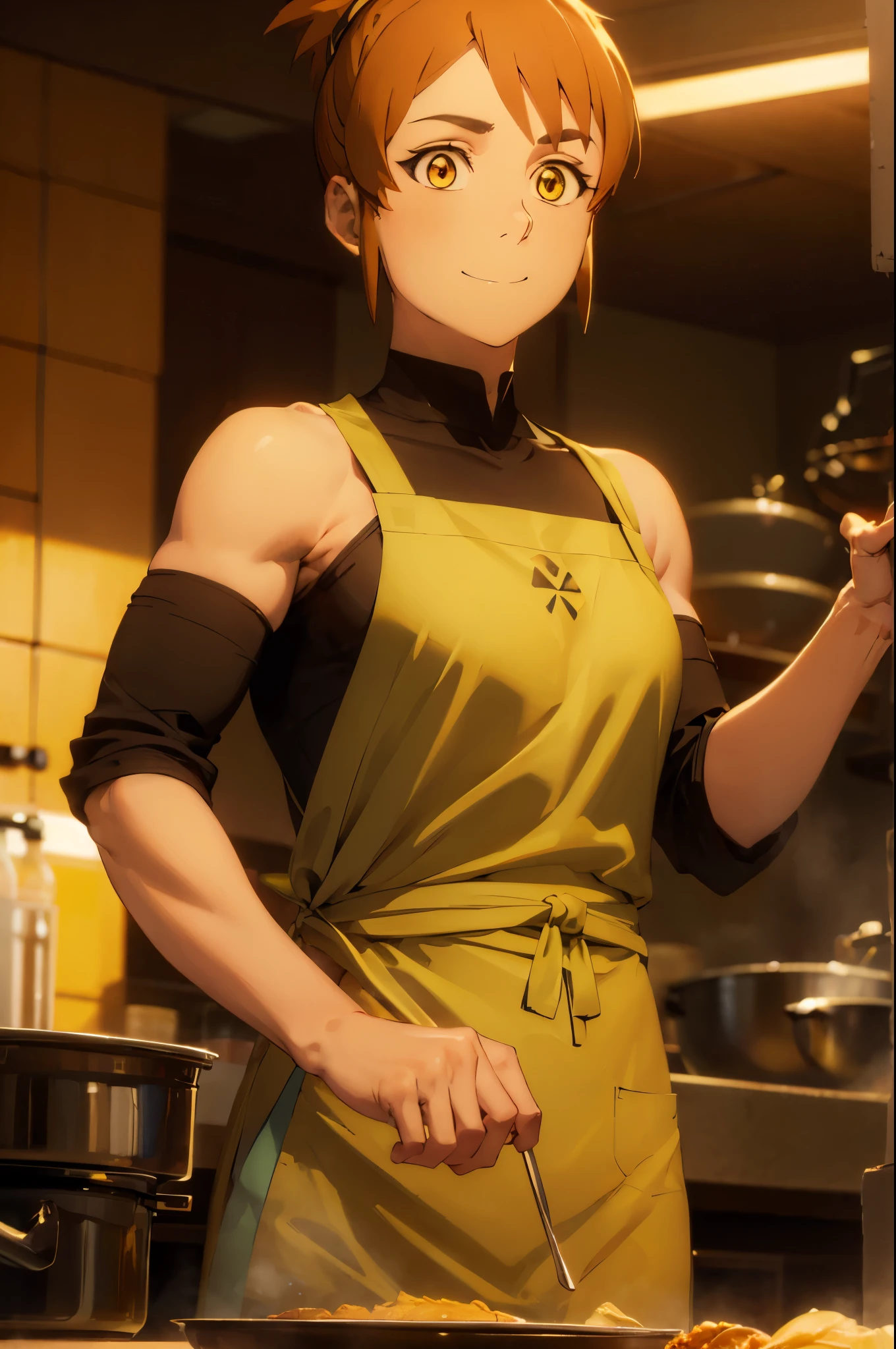 marci, brown short ponytail hair, yellow eyes, cooking on the kitchen, (((muscular))), (smile), ((bare-body apron))