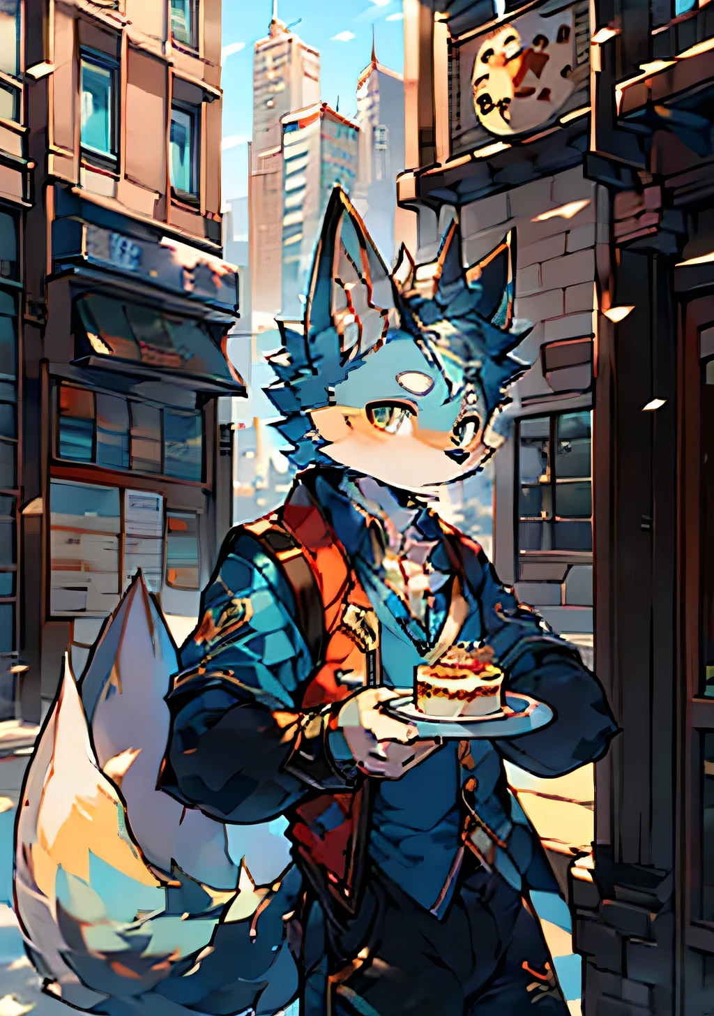 High-definition blue fur, Canine, Boy with fox motif, uniform,Alone, urban streetscape, lots of skyscrapers, Japanese-style streetscape, sunny and bright weather、Cake and coffee at the cafe 