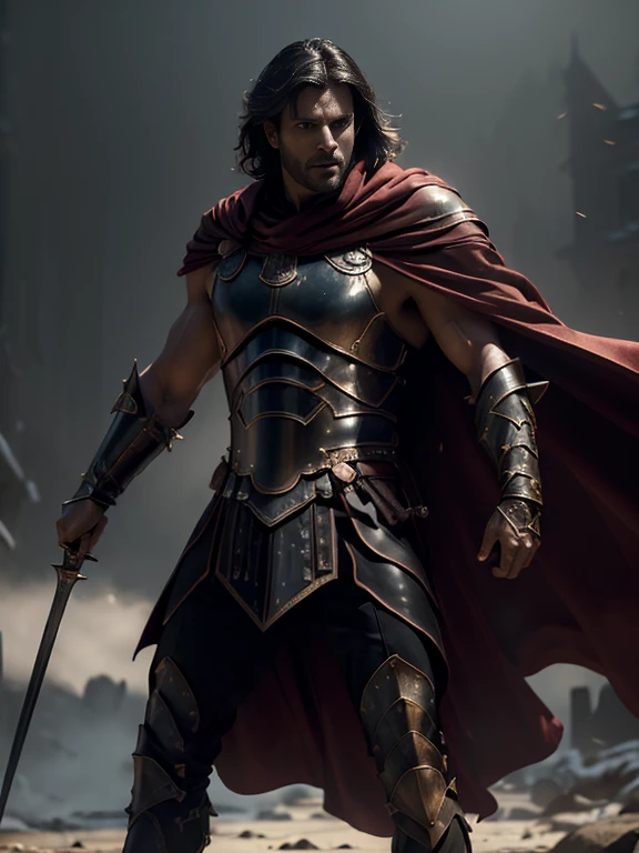 (master piece:1.5), (best quality:1.5), (exquisite lighting and shadow, highly dramatic picture, cinematic lens effect) (Photorealistic picture) highly detailed, realistic, cinematic lighting, studio quality, 8k, wallpaper, dynamic pose, anatomy correct, epic fantasy digital art, Epic composition, full body Male knight wearing a black leather armor with red accents, long black cape, holding a large spear and shield