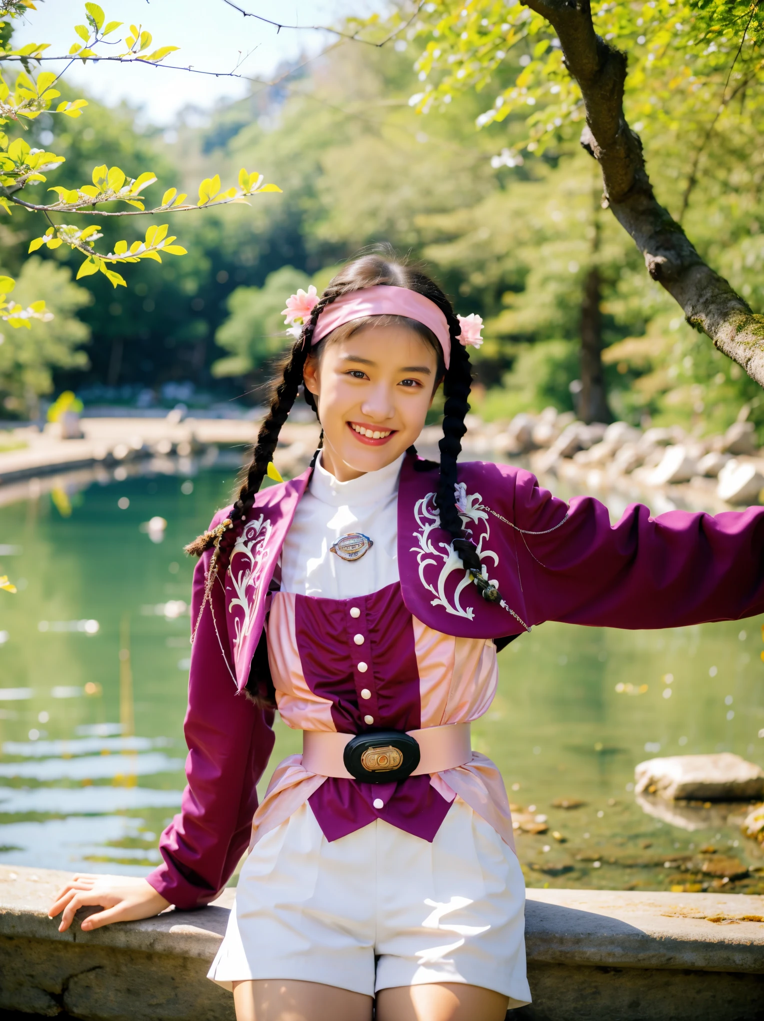 (extremely detailed CG), (best quality), 1girl, perfect face,  shiny skin, lustrous skin, wide hips, narrow waist,  ,MeiZyu,jacket,white shorts, braid,twin braids,hairband,long sleeves, shorts, belt, black hair,smile, outdoors, nsture, lying on lake, arms over head,