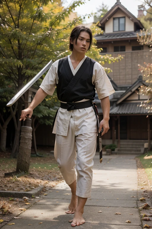 Barefoot male young samurai draws sword against autumn background