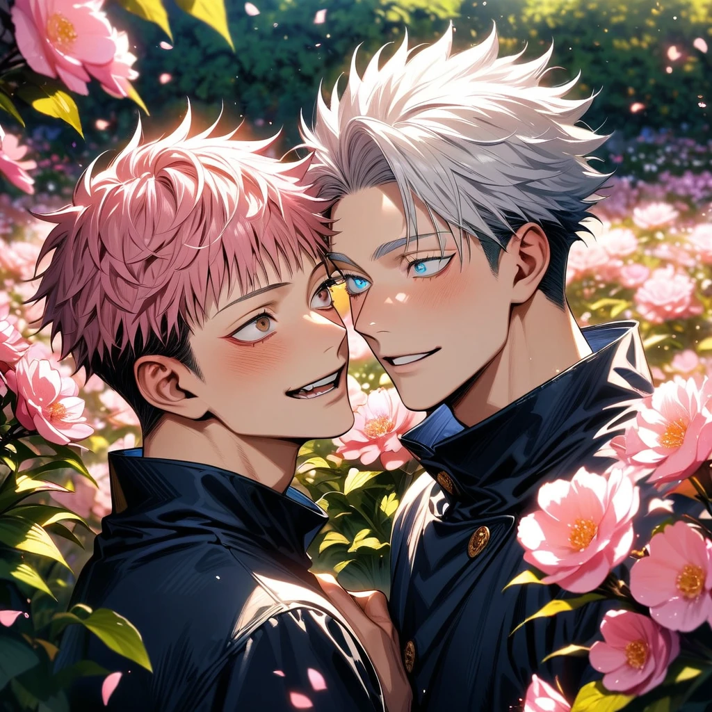 absurdres, highres, ultra detailed, HDR, masterpiece, realistic face, Gojo Satoru, white hair, with bangs, white eyelashes, expressive blue eyes, Jujutsu Kaisen, Itadori Yuuji, pink hair, expressive brown eyes, 2men together, gay couple, yaoi, handsome, happy, garden, blossoms, pink butterflies, pink flowers