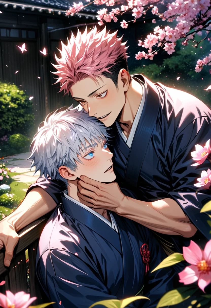 absurdres, highres, ultra detailed, HDR, masterpiece, realistic face, Gojo Satoru, white hair, with bangs, white eyelashes, expressive blue eyes, Jujutsu Kaisen, Itadori Yuuji, pink hair, expressive brown eyes, 2men together, gay couple, yaoi, handsome, kimono, garden, blossoms, pink butterflies, pink flowers
