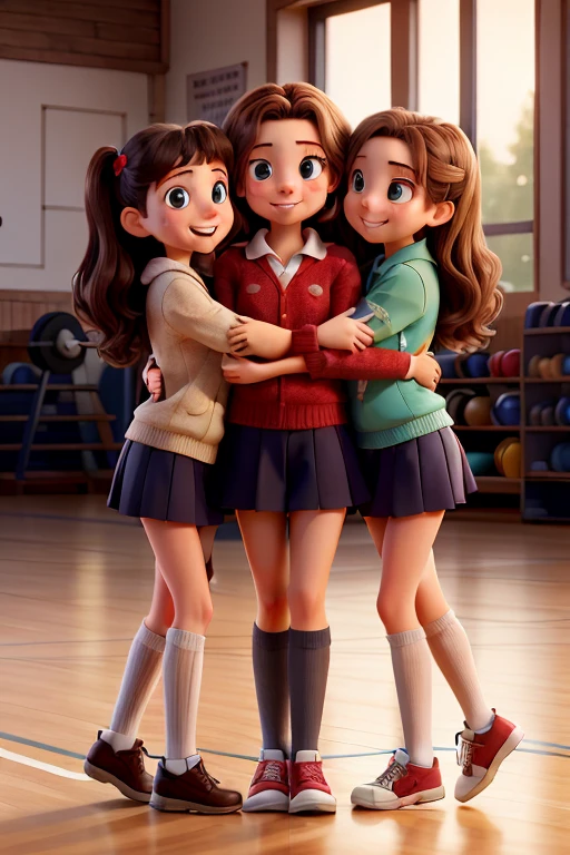 four different young Caucasian girls embracing, a heartfelt hug, deep bond of friendship. same ages, close-knit group of peers. School gym background