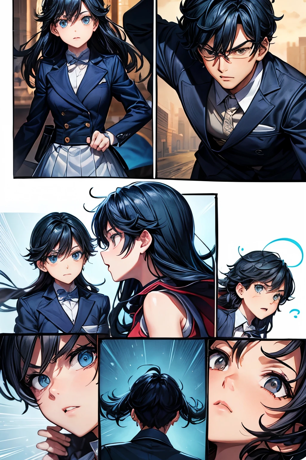 A series of comics depicting Detective Conan vs. Phantom Thief Kidd, a dynamic and creative irregularly tilted comic grid. Each grid contains an independent storyline, starting from the upper left corner and progressing to the lower right corner. Grids sometimes overlap or are placed diagonally to add visual tension. At certain key plot points, characters will jump out of the screen, enhancing the dynamic feel of the story. For example, the protagonist may jump from one grid to another while escaping, or during a battle scene, the action may exceed the boundaries of the grid. The background and situation of each grid gradually changes according to the development of the story, from city chase to secret base infiltration, and finally leads to the climax. The overall style is vivid, the colors are bright, and the expressions and movements are richly depicted. Leave the dialog blank for later filling in, allowing the audience to imagine what the conversation will be like.