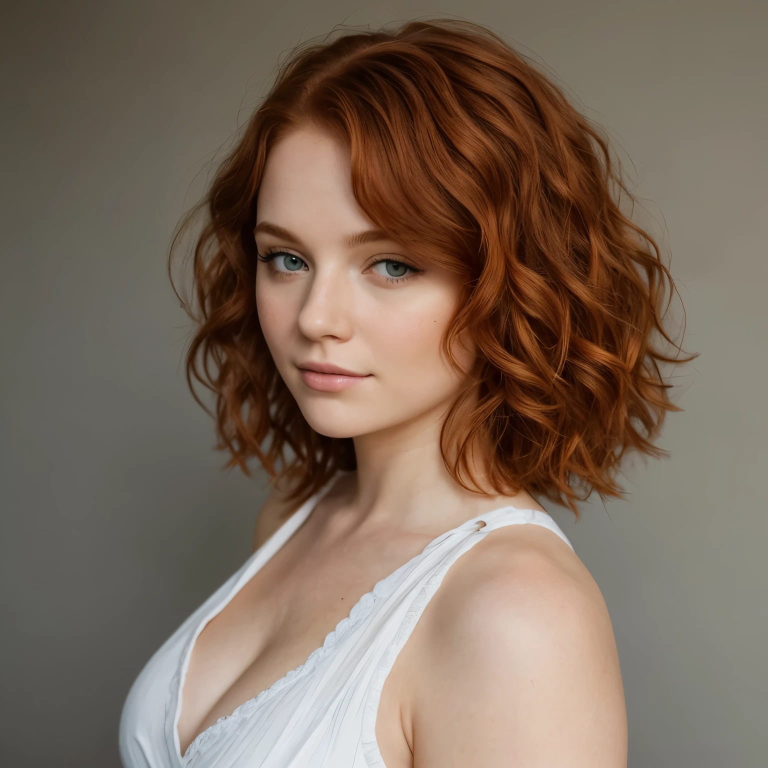 Front view of a magnificent young woman with green eyes, this woman has short and curly red-haired, luscious lips.