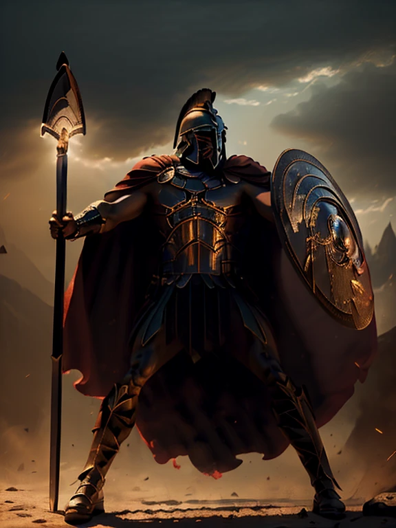 (master piece:1.5), (best quality:1.5), (exquisite lighting and shadow, highly dramatic picture, cinematic lens effect) (Photorealistic picture) highly detailed, realistic, cinematic lighting, studio quality, 8k, wallpaper, dynamic pose, anatomy correct, epic fantasy digital art, Epic composition, full body Male knight wearing a black leather armor with red accents, long black cape, holding a large spear and shield