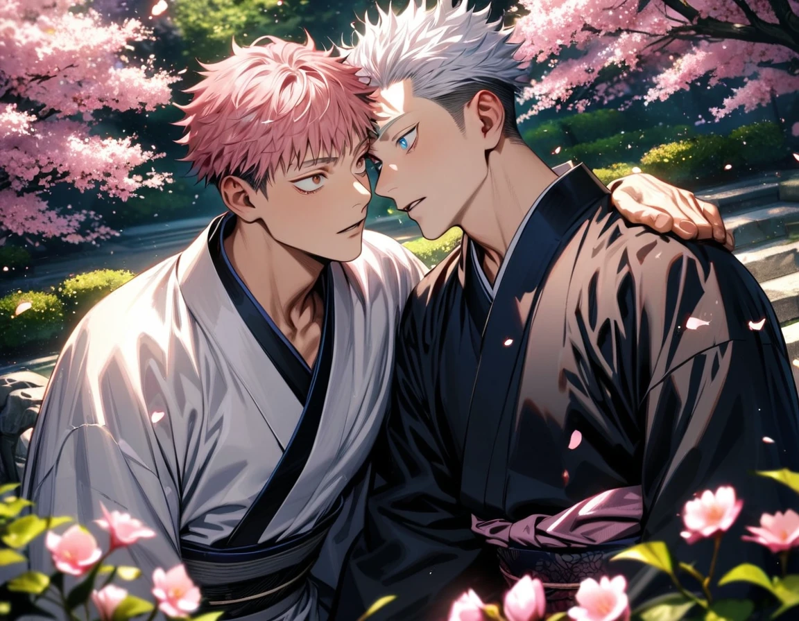 absurdres, highres, ultra detailed, HDR, masterpiece, realistic face, Gojo Satoru, white hair, with bangs, white eyelashes, expressive blue eyes, Jujutsu Kaisen, Itadori Yuuji, pink hair, expressive brown eyes, 2men together, gay couple, yaoi, handsome, kimono, garden, blossoms, pink butterflies, pink flowers
