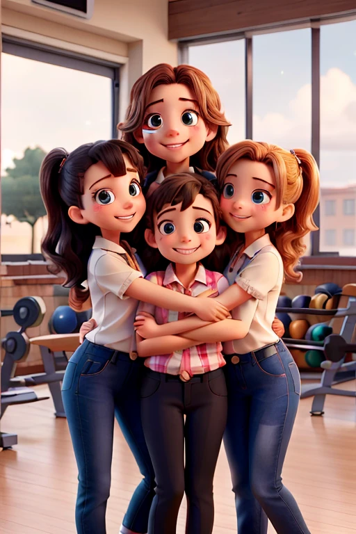 four different young Caucasian girls embracing, a heartfelt hug, deep bond of friendship. same ages, close-knit group of peers. School gym background. Cute face. Cute expressions, high quality. Pants and blouses.