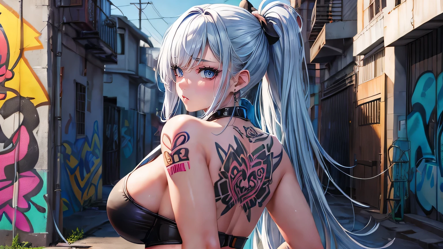 Back Alley Girl、Large Breasts、tattoo、sexy、(Super Detail)、(8k)、((Modern Hip Hop))、(Graffiti wall)、(Esbian all over)、(Highly detailed face)、(Highly detailed hair)、(Cold Face)、