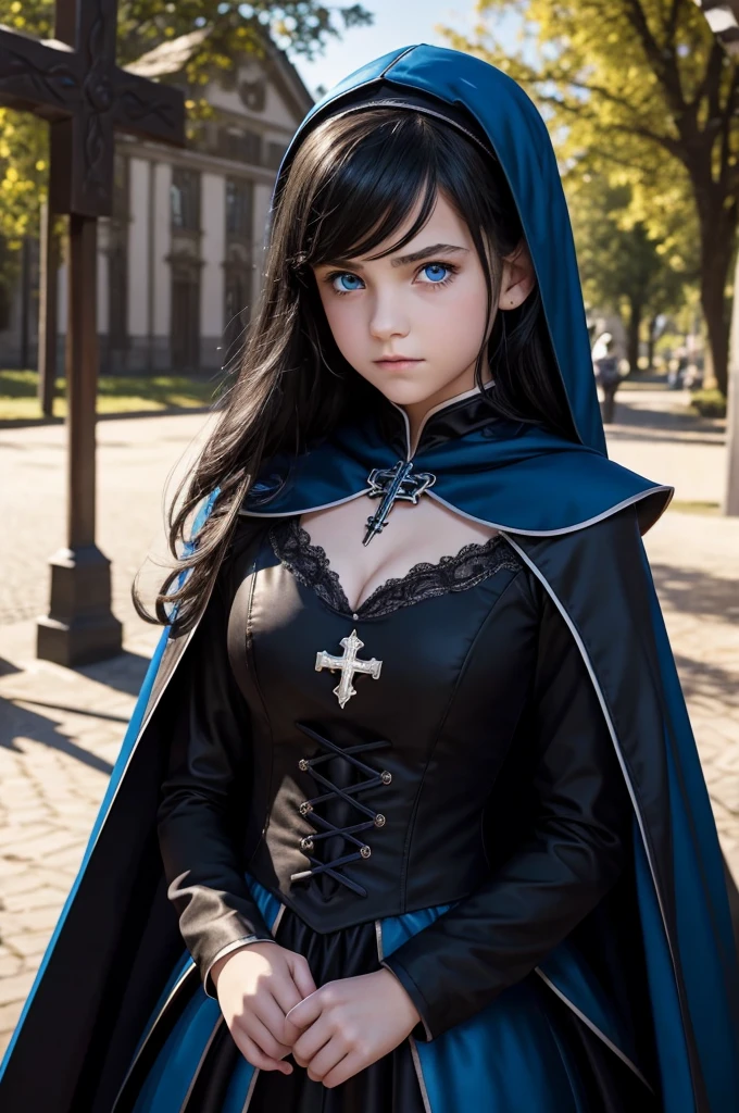 TeEn girl, evil, teenager(1.3),13 years old, teen girl, small breats, black hair and blue eyes, detailed face, ,cleavage, dress with cape, desing with christian cross ,background in prussia
