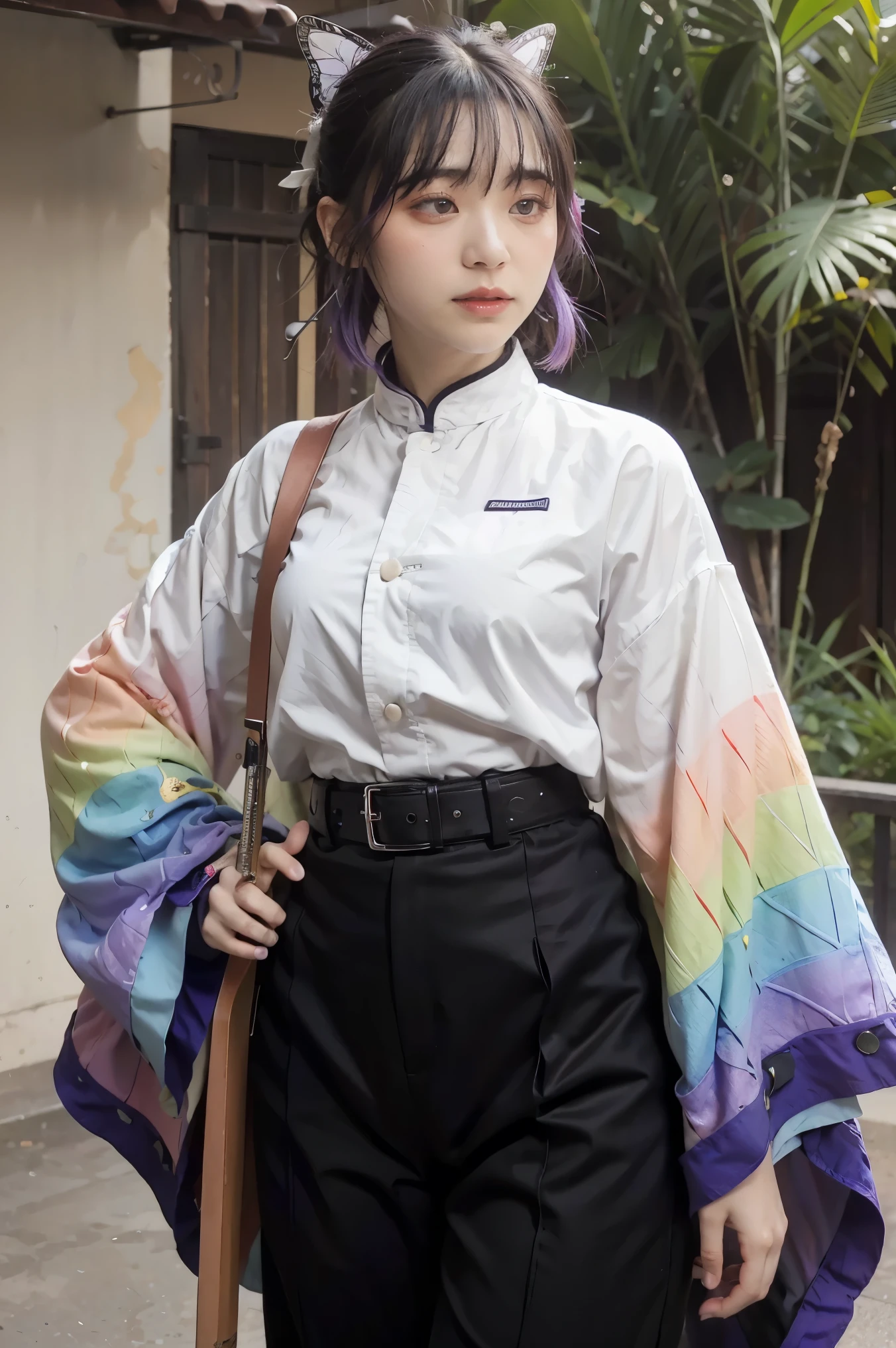 masterpiece, best quality, highres, 1girl, solo, kochou shinobu, butterfly hair ornament, purple eyes, multicolored hair, short hair, parted bangs, haori, wide sleeves, long sleeves, black pants, black jacket, belt, cowboy shot, holding weapon, sword