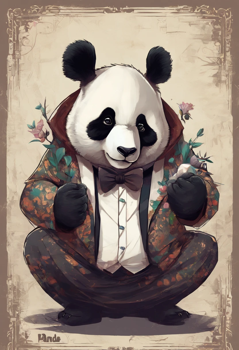 anthropomorphic panda, de cuerpo entero, vestido formalmente con un blazer, sostiene una bandeja, pegatina de panda, sticker de panda.