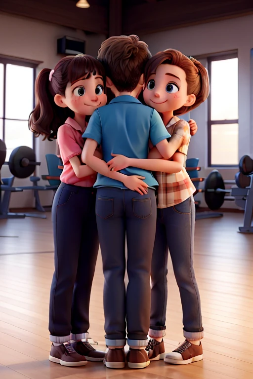 four different young Caucasian girls and a boy embracing, a heartfelt hug, deep bond of friendship. same ages, close-knit group of peers. School gym background. Cute face. Cute expressions, high quality. Pants and blouses. Perfect eyes