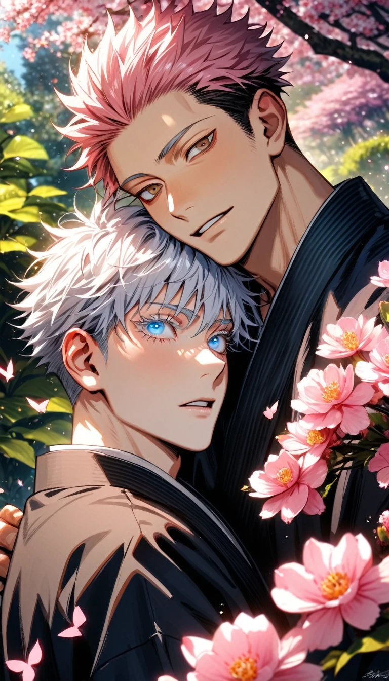 absurdres, highres, ultra detailed, HDR, masterpiece, realistic face, Gojo Satoru, white hair, with bangs, white eyelashes, expressive blue eyes, Jujutsu Kaisen, Itadori Yuuji, pink hair, expressive brown eyes, 2men together, gay couple, yaoi, handsome, kimono, garden, blossoms, pink butterflies, pink flowers