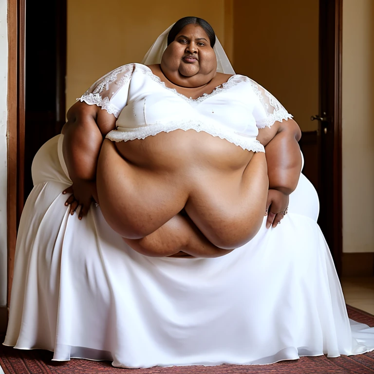 sbbw solo extremely morbidly obese Mauritanian woman full body alone wearing a white wedding dress