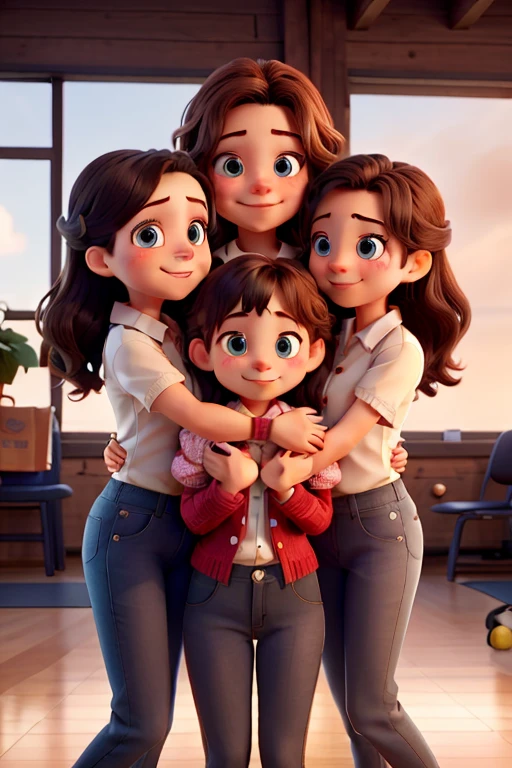 four different young Caucasian girls embracing, a heartfelt hug, deep bond of friendship. same ages, close-knit group of peers. School gym background. Cute face. Cute expressions, high quality. Pants and blouses. Perfect eyes