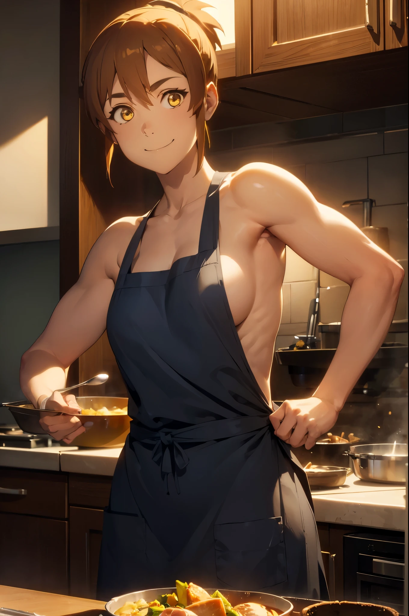 marci, brown short ponytail hair, yellow eyes, cooking on the kitchen, (((muscular))), (smile), ((naked apron))