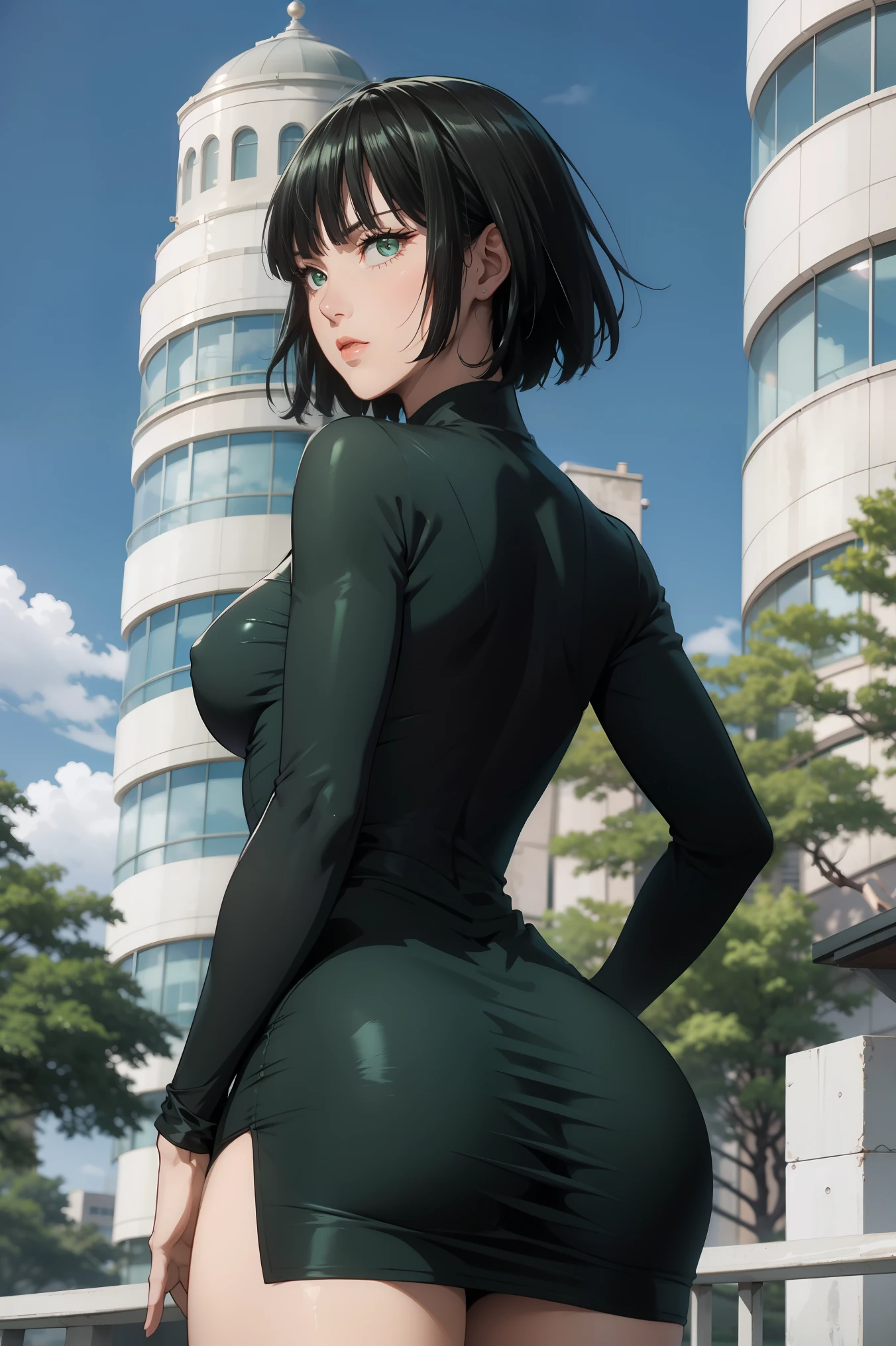 Fukibi in one punch man. Sexy. Green. Blue sky. Building, butt facing camera, back view, tight dress, beautiful, High quality, detailed, masterpiece, character focus 