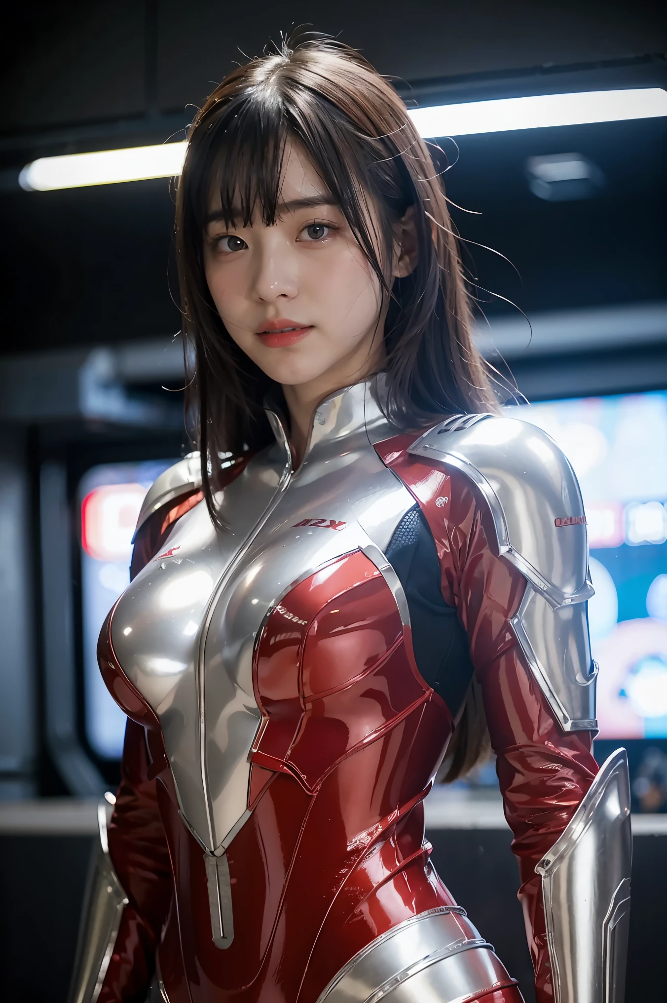 Ultraman、realistic、realistic、cinematic lighting, Girl in a shiny red and silver suit、************、professional photos、Don&#39;Do not expose your skin, japanese model, japanese cgi、Ultraman Suit、, Power Rangers Suit、tight and thin cyber suit,Whole body rubbery、There&#39;s pink There、 delicate body, big breasts、small ass、thin thighs、thin arms、thin waist、camel toe、Both sides of the cyber suit stick to the skin、Big eyes、black short hair、facing the front、facing the front立っている、A glowing sphere is embedded in the chest.、Essay Examination、 blue sky background