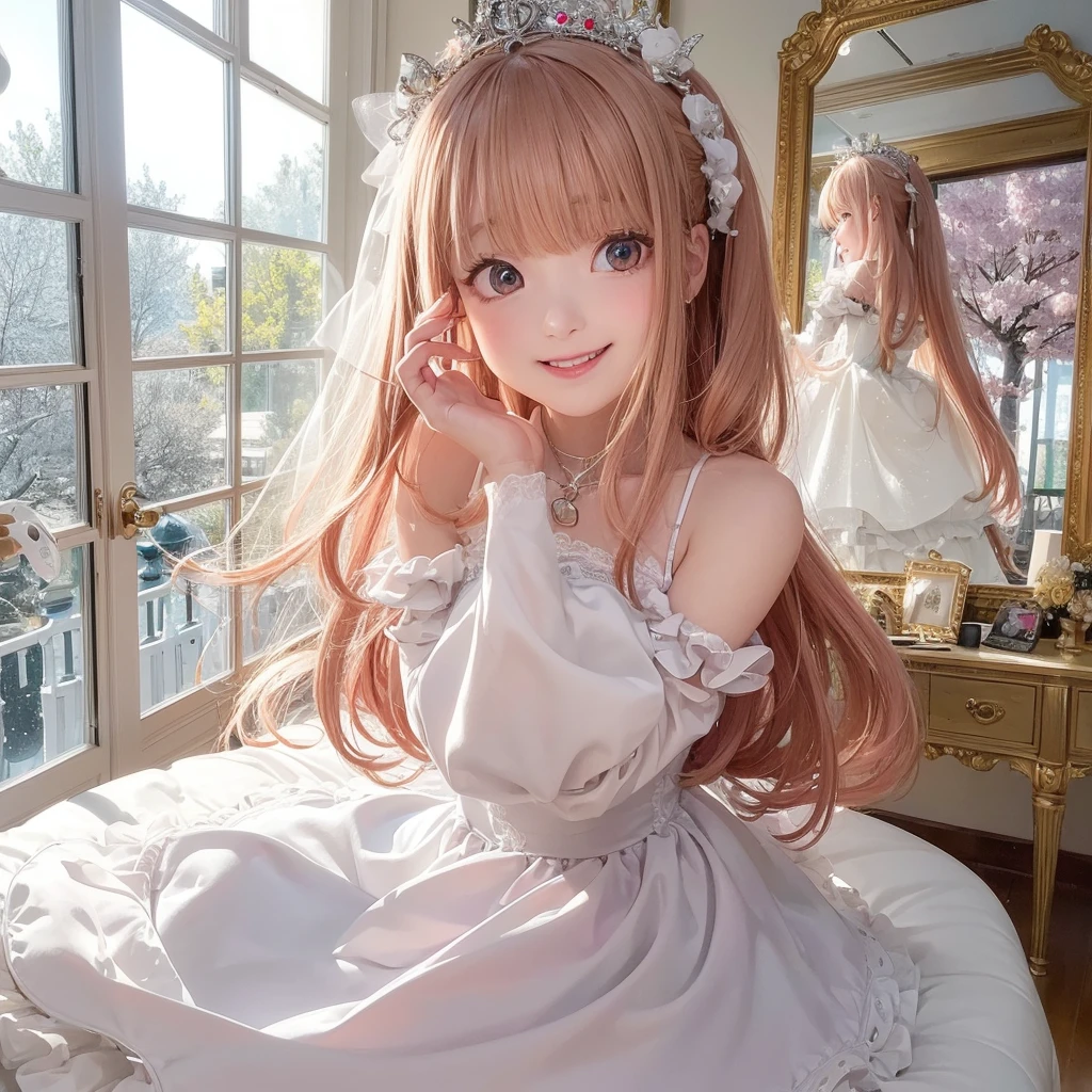 Sakura Miyawaki , smiling face looking up、natural make up、Glossy lips、Snow Fairy、Snow Girl、Snow Costume、Cosplay、(realisitic、hight resolution)、(1 girl in)、Snow Girl、Do-Up Eye、Sakura Miyawaki, girl with、(Best Quality), (masutepiece), (1girl in), Solo, a beauty girl, Perfect face, dreamlikeart、Highly detailed airbrush art((Surreal))、Volumetric lighting、(top-quality)、The ultra-detailliert、(The composition of the movement:1.4)、Highly detailed colorful details、(Bright lighting)、dynamic compositions、Ray traching、The mirror reflects light、Shallow depth of field、ultra-detailliert、mixing exposure、nffsw、Her eyes are shining、Her face is full of anticipation and courage、A smile appears on the lips of a girl。 At the rear、snow mountains、snow mountains、snow mountains、