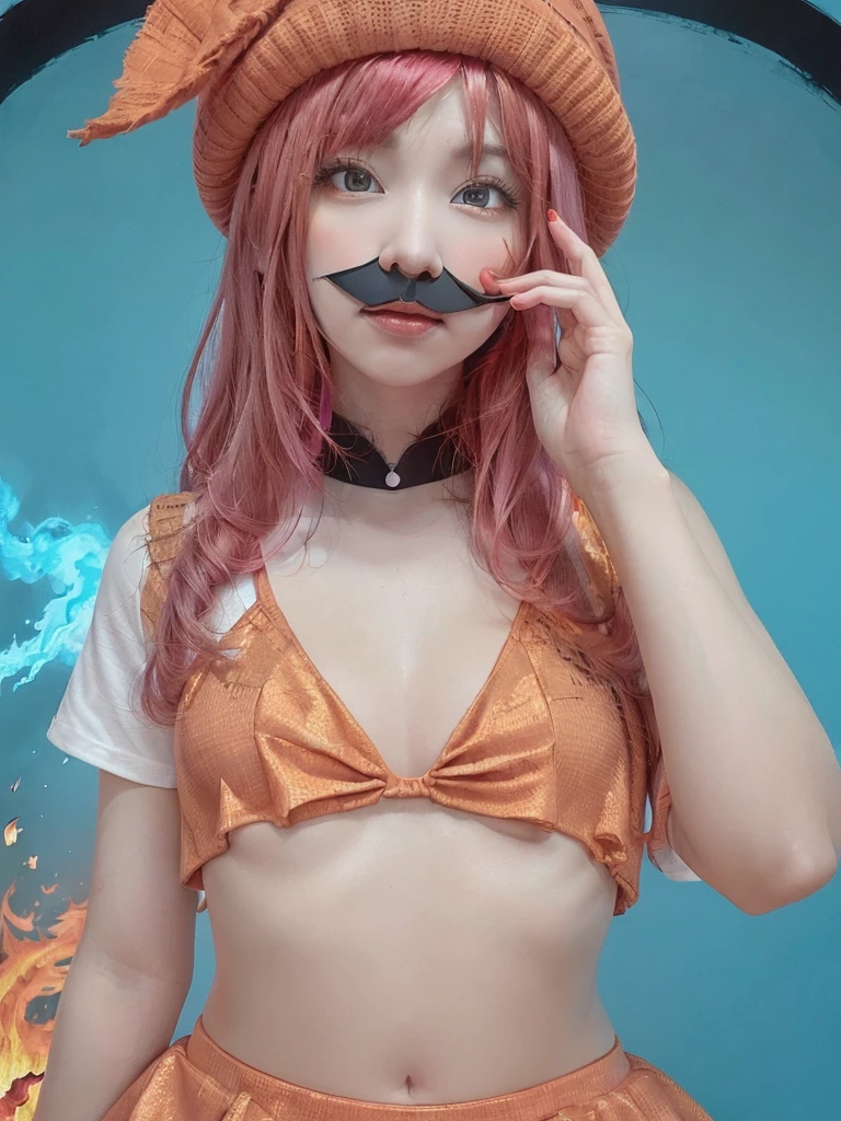 ((masterpiece,highest quality)),(Negative Space:1.4),(One girl, alone:1.4),Beautiful fine details,Floating pink hair, Red Hat, fireball, Cast a fire spell, Orange and red fractal background, Look to the side, Turquoise eyes, whole body, Jumping