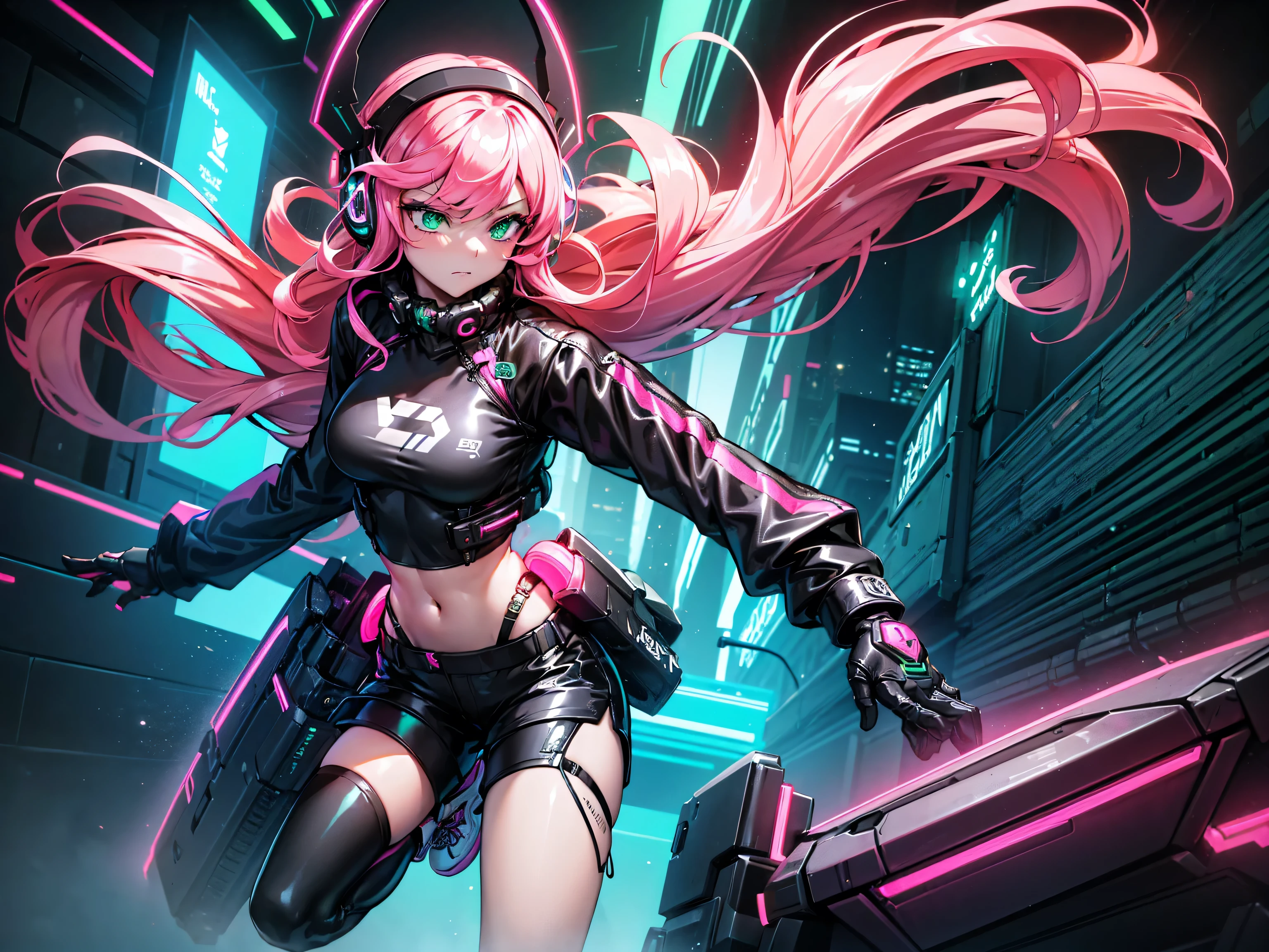 masterpiece:1.4, 1girl ((20year old, dressed in long sleeve shirt, tight black shorts, sneakers, medium breasts, multicolor pink hair, curly long hair, green eyes:1.4, Wearing headphones, looking towards camera, in the middle of a sci-fi futuristic urban street alleyway, neon lights and towering skyscrapers, neon and energetic atmosphere)) ((solo:1.6)