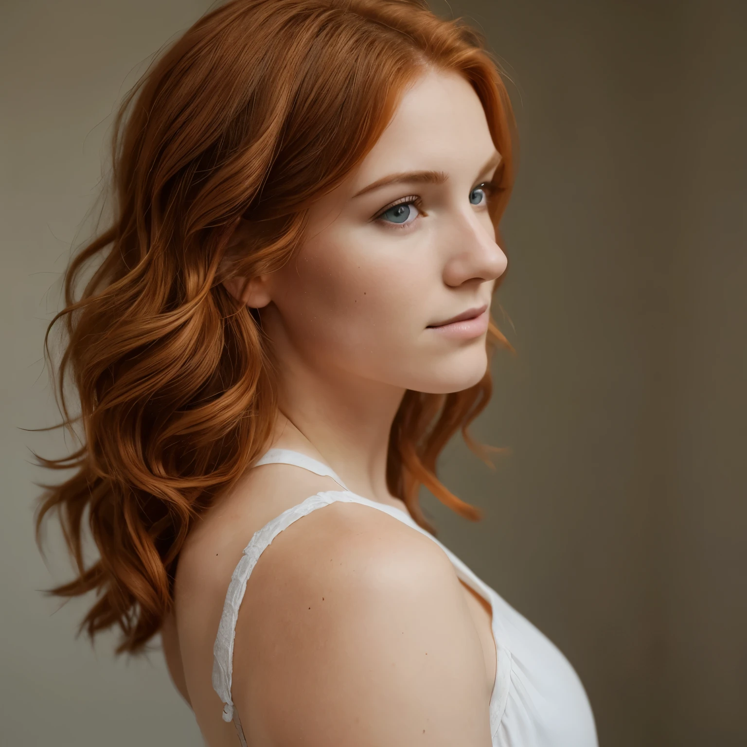 Muscular white woman with short wavy ginger hair, portrait photo, looking off to the side,