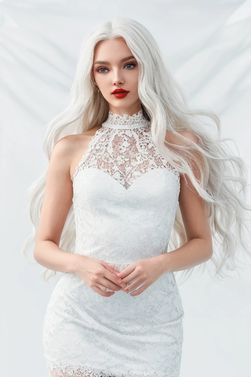 A stunningly beautiful (((woman))), with long, flowing (((white hair))), flawless (((porcelain skin))), and striking (((red lips))), dressed in a (((white, flowing lace dress))), blending in against a (completely pure, (((white backdrop))))