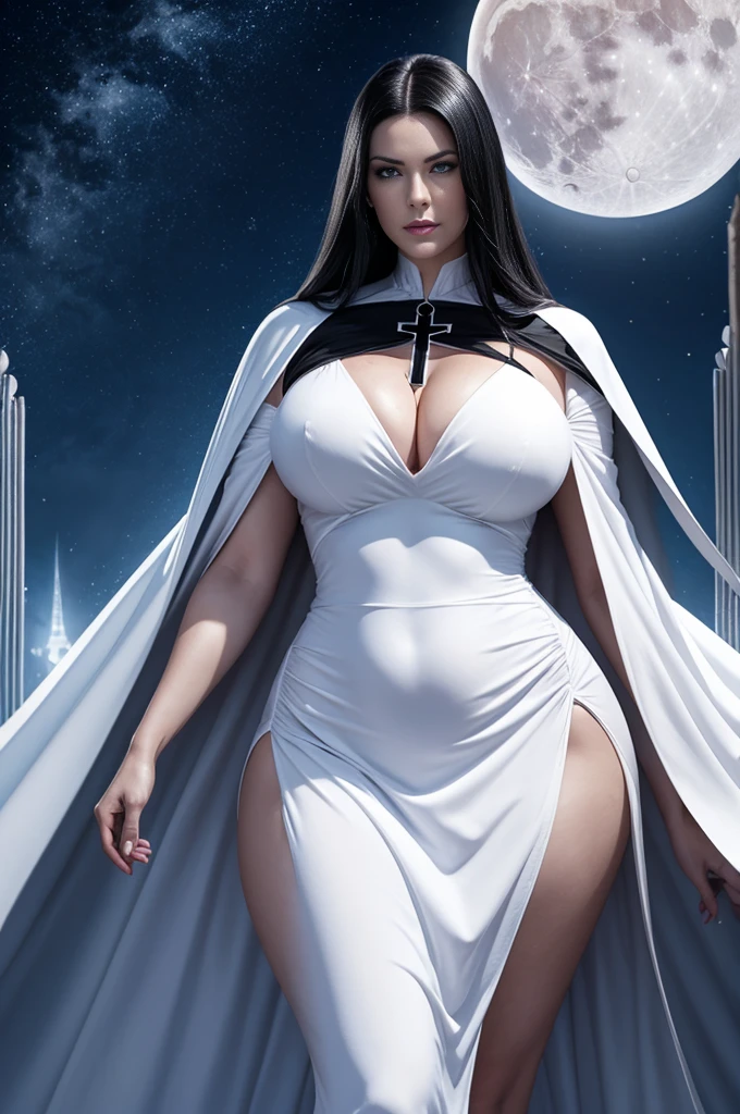 super villain,mature woman with black hair and blue eyes, detailed face , sexy, curvy, tall, white woman, dress with cape, desing with christian cross , background in snow, moon in the night sky