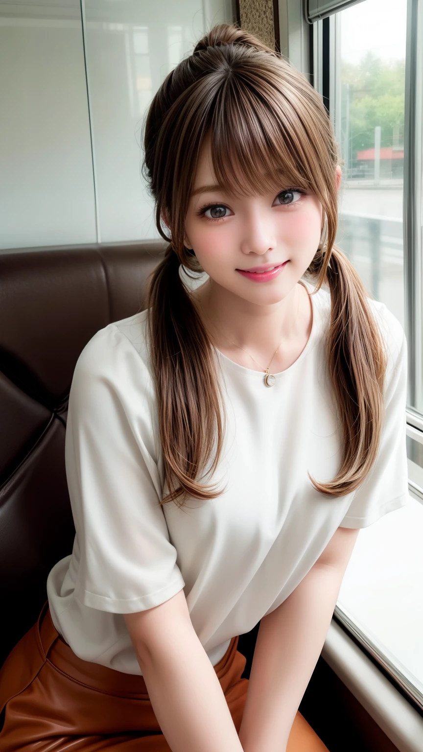 Tabletop、Super cute face、Large Breasts、 Large Breastsの谷間、Good style、Natural Lip、Fair skin、Great light、Beautiful lighting、((Straight hair:1.2))、((Ponytail Hair:1.2))、Shiny and smooth brown hair、Cute T-Shirts、Tight Skirt、Gorgeous Accessories、on the train、Sit in your seat、smile、かわいいsmile