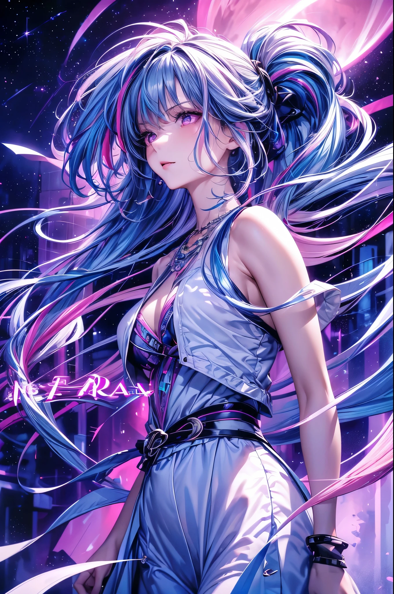 1 girl, 20 year old girl, one person, (Silver blue hair streaked pink purple:1.4), (Gradient sky blue hair ends:1.6), hair strand, absurdly long hair, single sidelock, wavy hair, shiny hair, floating hair, (Illusion deep purple eyes), delicate eyes, aqua eyes, super high detailed eyes, long upper eyelashes, ((glowing eyes)), makeup, Focus on face, Very detailed facial, Pretty Face, Perfect breasts, hot body, (Delicate skin texture:1.2), break,
White extra long skirt, Fashion Clothing, necklace, Technical clothing masterpiece, on the street, looking at the starry night sky, meteor, cyberpunk, detailed background, perfect layer cut, clean focus, (magazine:1.3), (cover-style:1.3), Octane Render, Tyndall effect, lifelike, Dark Studio, Side light, Two-color lighting, realism, chiaroscuro, (glowing light), sparkle, ray tracing, cinematic lighting, Futurism, motion blur, atmospheric perspective, Depth of Field, Bokeh, best quality, UHD, super detail, masterpiece, highres, ccurate, retina, anatomically correct
