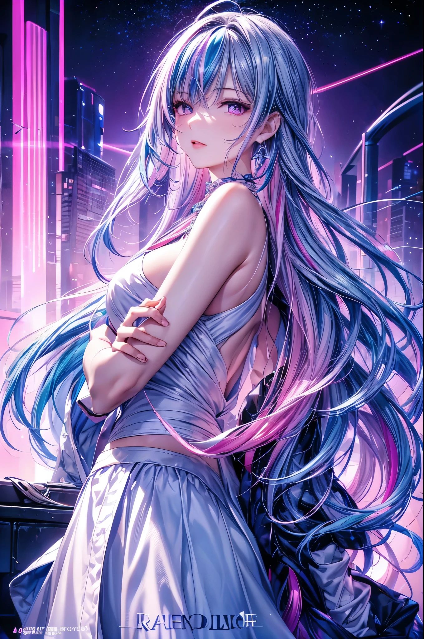 1 girl, 20 year old girl, one person, (Silver blue hair streaked pink purple:1.4), (Gradient sky blue hair ends:1.6), hair strand, absurdly long hair, single sidelock, wavy hair, shiny hair, floating hair, (Illusion deep purple eyes), delicate eyes, aqua eyes, super high detailed eyes, long upper eyelashes, ((glowing eyes)), makeup, Focus on face, Very detailed facial, Pretty Face, Perfect breasts, hot body, (Delicate skin texture:1.2), break,
 White extra long skirt, Fashion Clothing, necklace, Technical clothing masterpiece, on the street, looking at the starry night sky, meteor, cyberpunk, detailed background, perfect layer cut, clean focus, (magazine:1.3), (cover-style:1.3), Octane Render, Tyndall effect, lifelike, Dark Studio, Side light, Two-color lighting, realism, chiaroscuro, (glowing light), sparkle, ray tracing, cinematic lighting, Futurism, motion blur, atmospheric perspective, Depth of Field, Bokeh, best quality, UHD, super detail, masterpiece, highres, ccurate, retina, anatomically correct