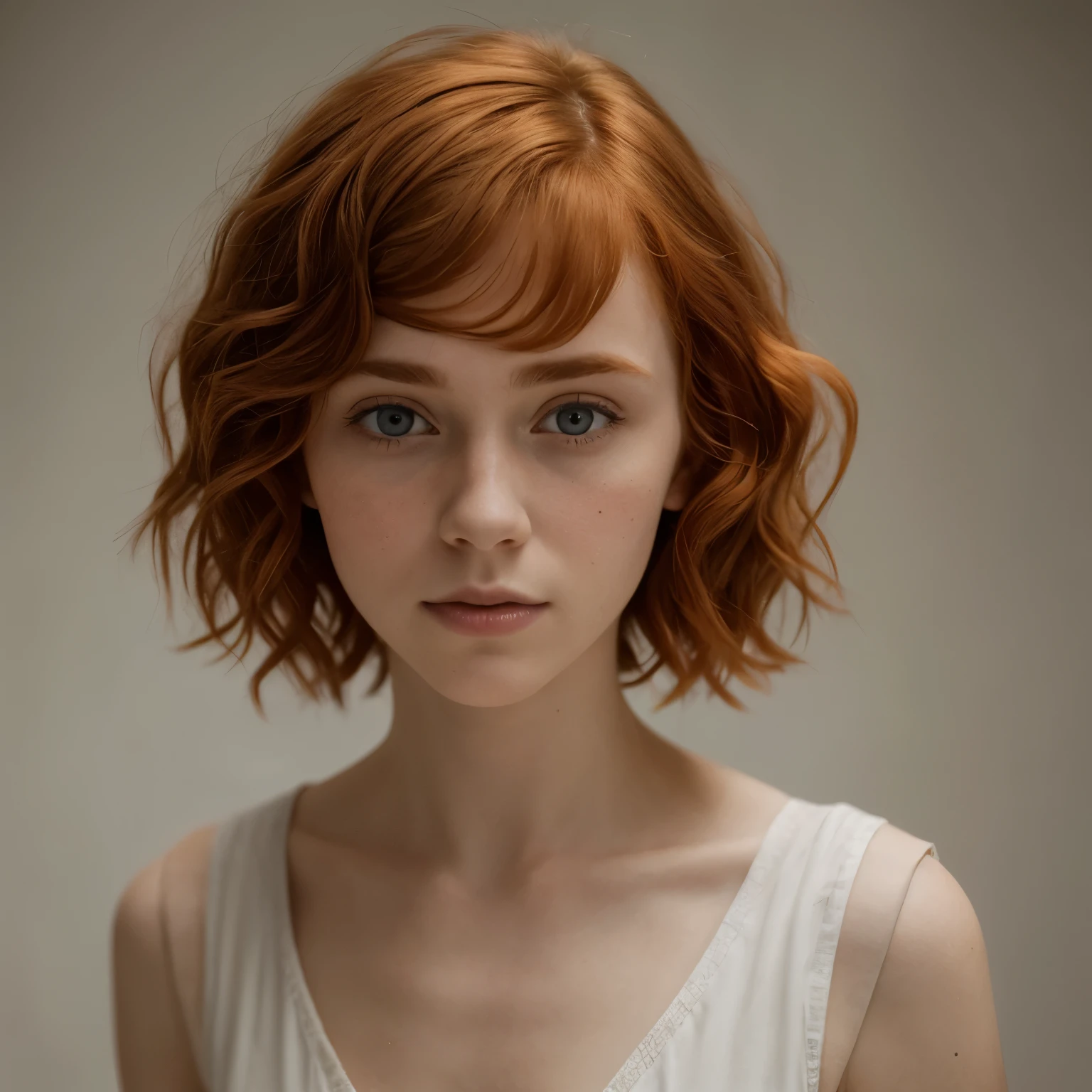  European woman with short wavy ginger hair, Sophia Lillis, portrait photo,