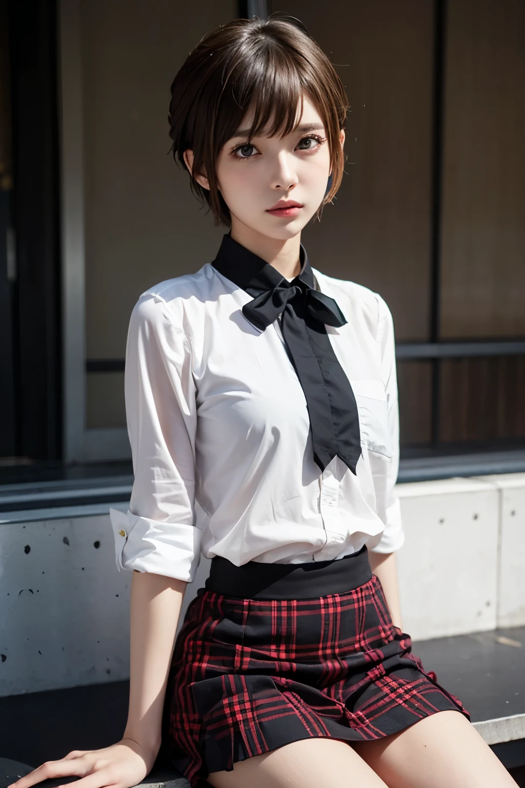 niijima makoto from persona 5, shujin academy uniform, white blouse, red and black checkered skirt, short hair