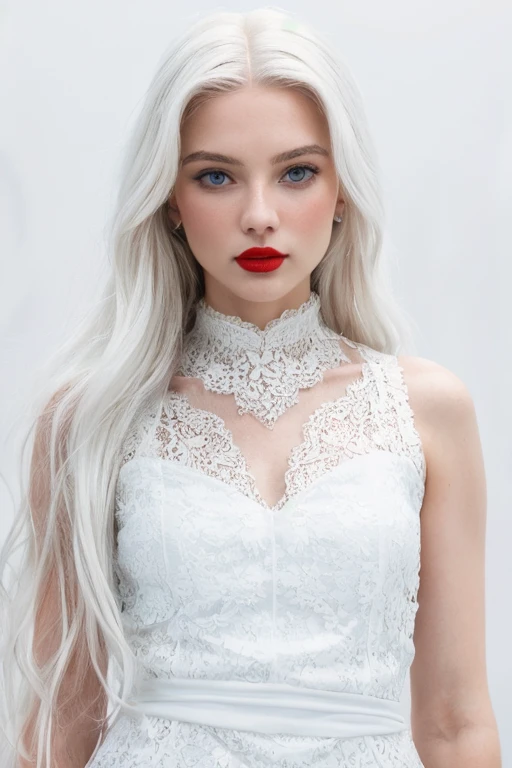 A stunningly beautiful (((woman))), with long, flowing (((white hair))), flawless (((porcelain skin))), and striking (((red lips))), dressed in a (((white, flowing lace dress))), blending in against a (completely pure, (((white backdrop))))
