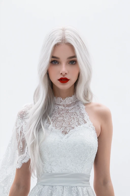 A stunningly beautiful (((woman))), with long, flowing (((white hair))), flawless (((porcelain skin))), and striking (((red lips))), dressed in a (((white, flowing lace dress))), blending in against a (completely pure, (((white backdrop))))