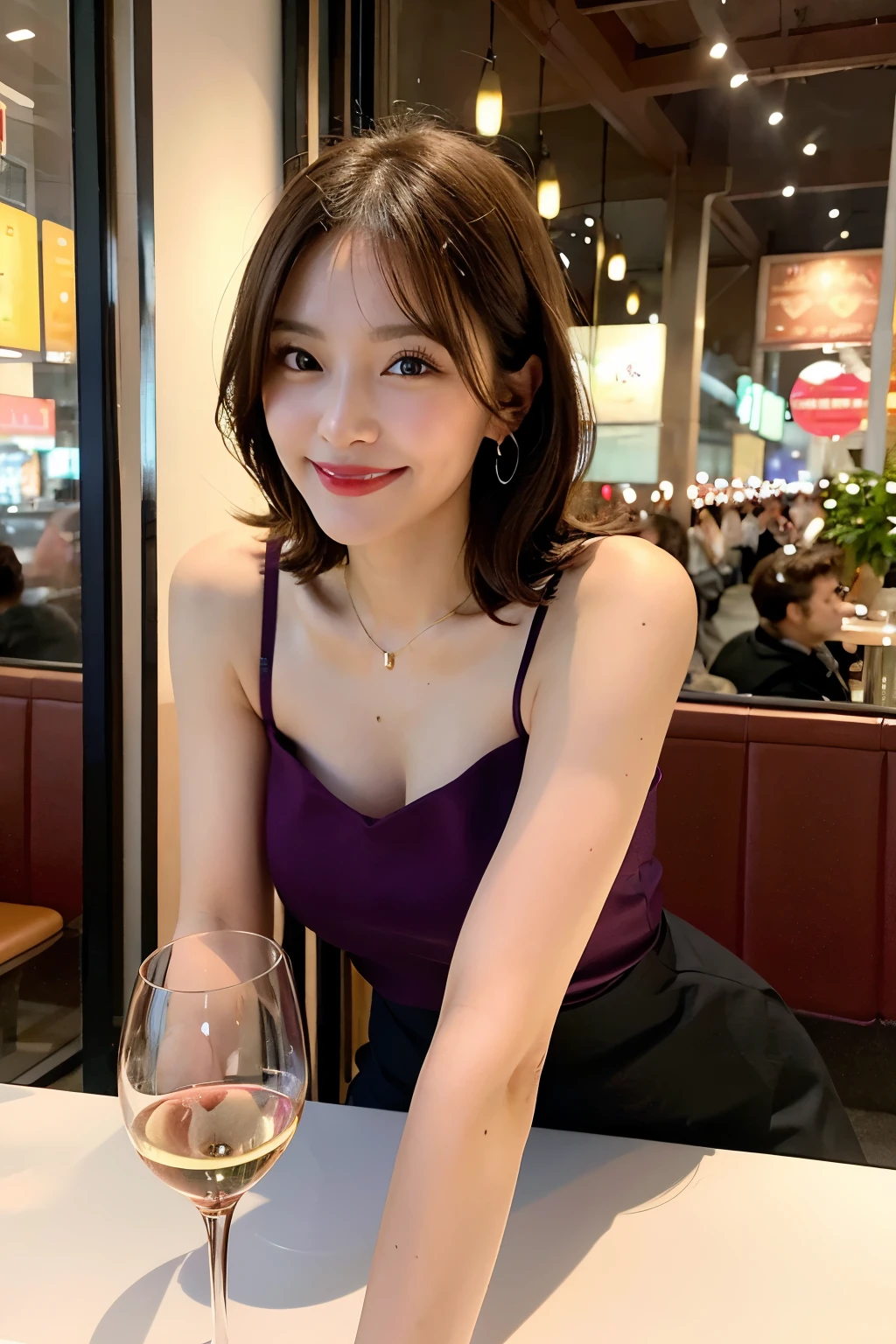 ((highest quality)), ((masterpiece)), (detailed), Perfect Face
(64K, UHD, top quality, masterpiece: 1.2), (realistic, photorealistic: 1.37), super detailed, pretty woman 1 person, (slim face), (slim body), (brown hair), (short cut), cheeks slightly blushing, (35 years old), 38 years old, solo, beautiful detailed urban night view outside the window, restaurant, wine glasses sit, at night, in a prominent place (from the waist up) NovaFrogStyle, Actress, Model, Waist Up, White Wine, Slim, Wine Glass, Super Clean Night View, Wine Glass Put in the Middle, Happy Smile, (Smile: 1.15), Beautiful Fine Eyes, Upper Body, Bust Japan Up, Night, Short, Short, Actress, Model, Waist Up, White Wine, Slim, Wine Glass, Super Clean Night View, Wine Glass Put in the Middle, Happy Smile,