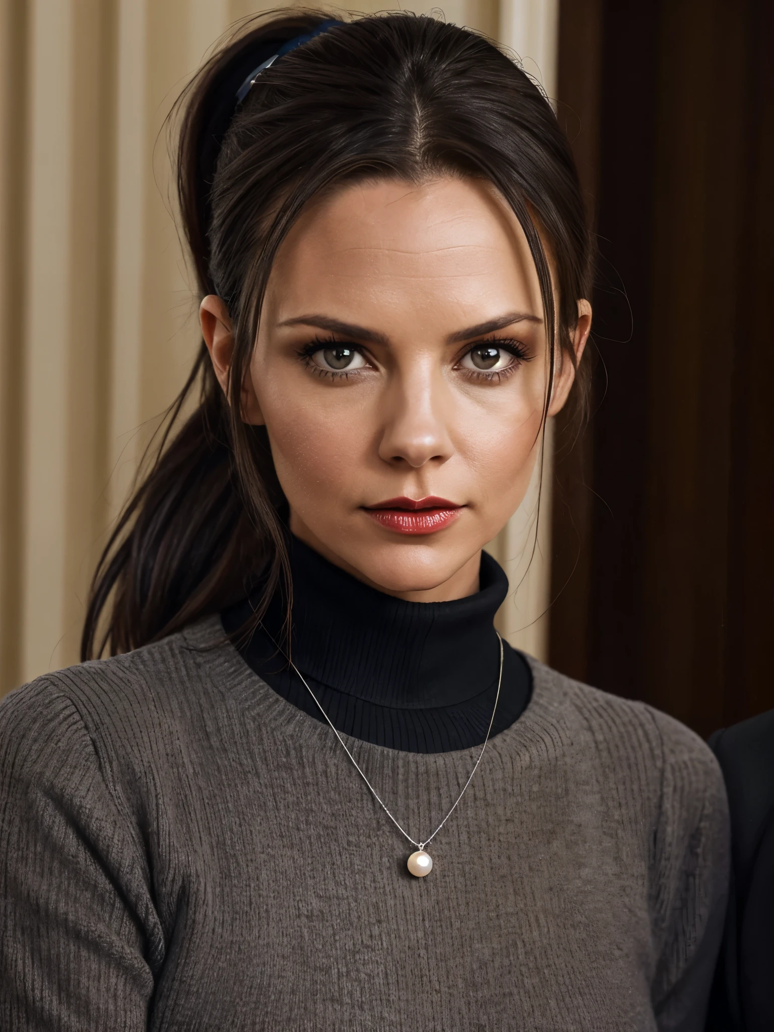 woman being arrested, portrait of a woman, 35 years old, dark hair pulled back in ponytail, black turtleneck sweater, string of pearl necklace, grey eyes, red lips, [Victoria Beckham], [[Kate Beckinsale]], [[[Jenna Coleman]]], [[[Tricia Helfer]]]
