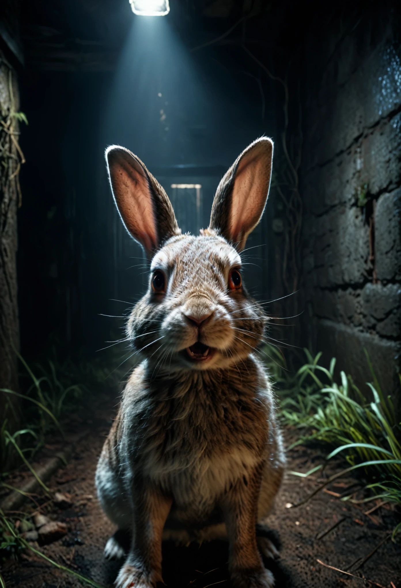 (best quality,4k,8k,highres,masterpiece:1.2),ultra-detailed, Portrait of a scared rabbit, dark and crsad face,, dark and sinister environment, volumetric lighting, Horror environment