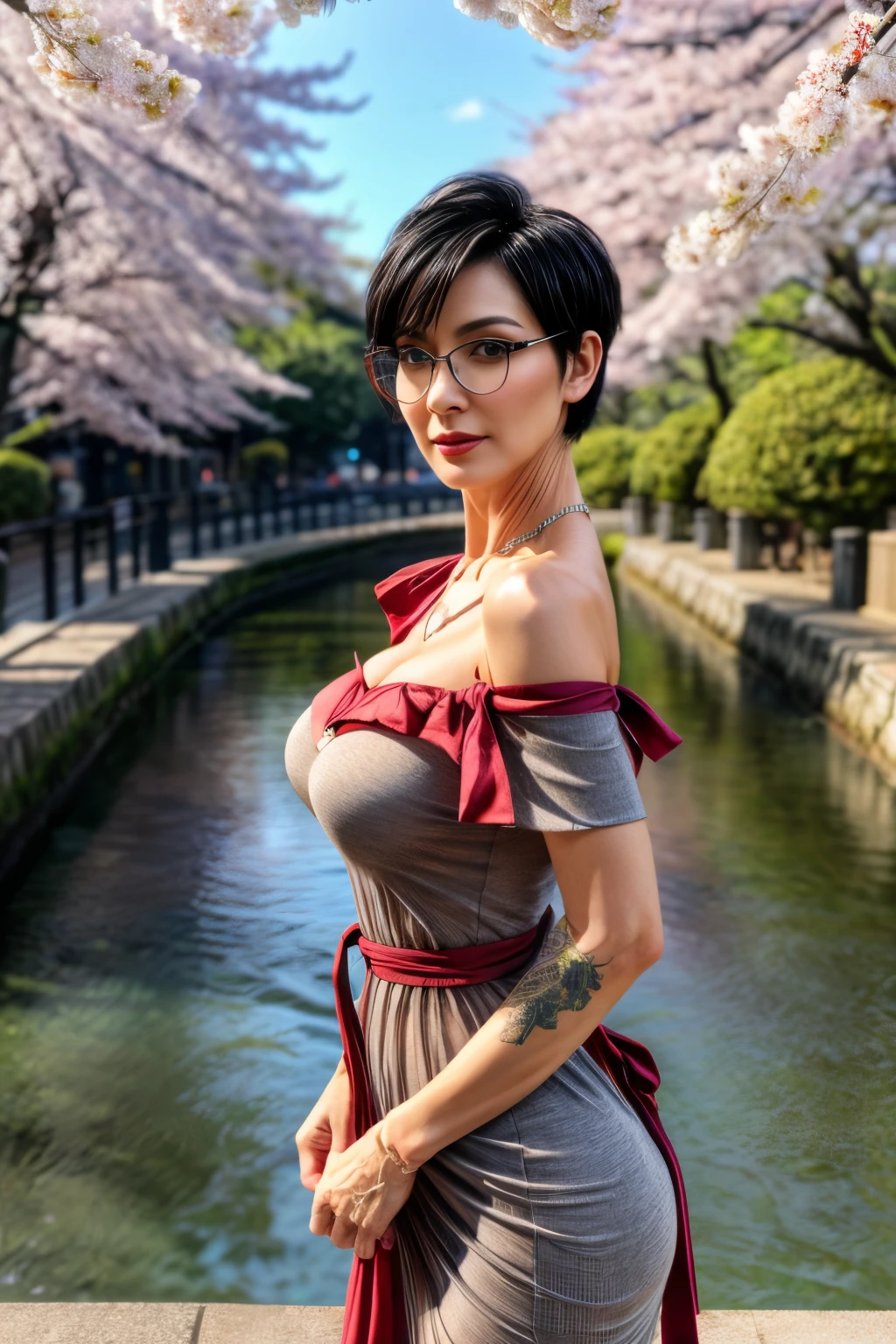 Professional, High level of detail, close up photo (attractive mature 45yo woman:1.3), short black hair with hair ribbon, tied up, gray eyes, (red tight transparent long dress, off shoulder,belt, no bra)1.455,ray tracing, natural lighting, (seductive:1.1), (blushing:1.1 ), (classy, elegant, dandy)1.2, (round big breasts)1.2 (pokies)1.3, (toned body, hourglass body shape) (wipe hips), (full body with visible face and eyes)1.5, glasses, earnings, river, sakura tree,  standing, necklace, tattoo on breast, hand hidden at back, bracelet
