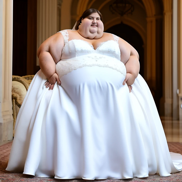 sbbw solo extremely morbidly obese Montenegrin woman full body alone wearing a white wedding dress