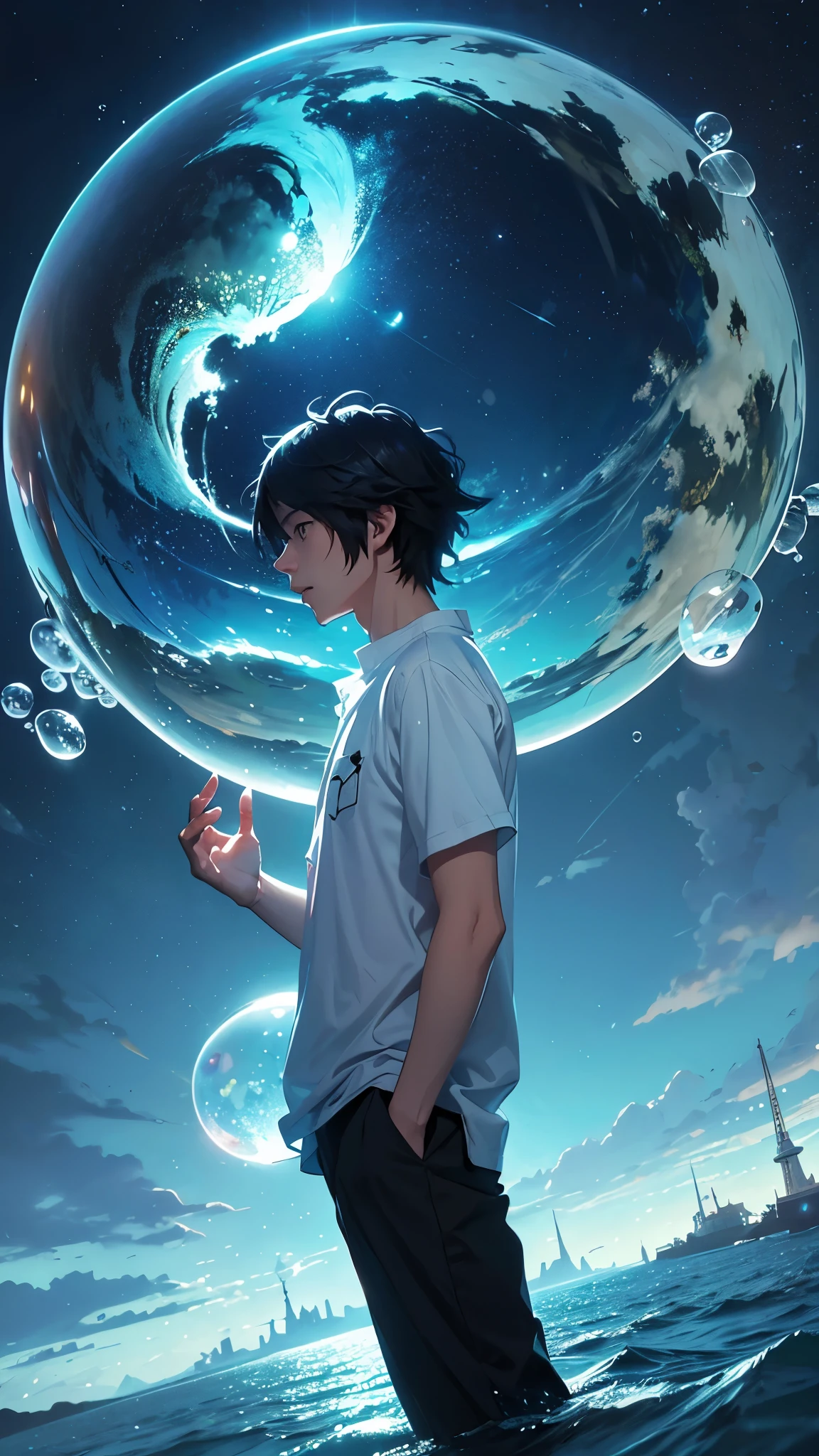 there is a man standing on a transparent bubble looking at the water, makoto shinkai cyril rolando, inspired by Yuumei, by Yuumei, style of makoto shinkai, makoto shinkai!, ( ( makoto shinkai ) ), makoto shinkai. digital render, makoto shinkai. —h 2160