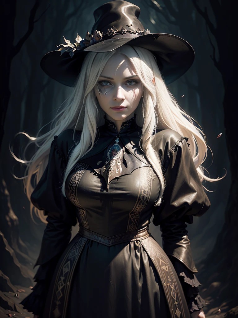 (Surrealist portrait of a woman), (dark fantasy art: 1.6), David Hockney and Alphonse Mucha's style, Amazing realism, Dynamic lighting, 4K resolution, high detailed facial features, Award-winning, Cowboy Shot, (official clothing: 1.4), long, White hair, Deep Shadows.