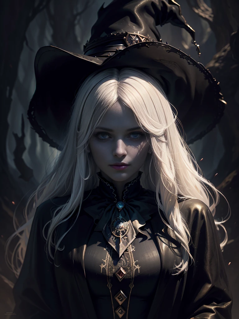 (Surrealist portrait of a woman), (dark fantasy art: 1.6), David Hockney and Alphonse Mucha's style, Amazing realism, Dynamic lighting, 4K resolution, high detailed facial features, Award-winning, Cowboy Shot, (official clothing: 1.4), long, White hair, Deep Shadows.
