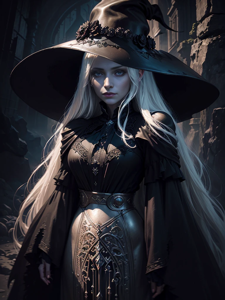 (Surrealist portrait of a woman), (dark fantasy art: 1.6), David Hockney and Alphonse Mucha's style, Amazing realism, Dynamic lighting, 4K resolution, high detailed facial features, Award-winning, Cowboy Shot, (official clothing: 1.4), long, White hair, Deep Shadows.