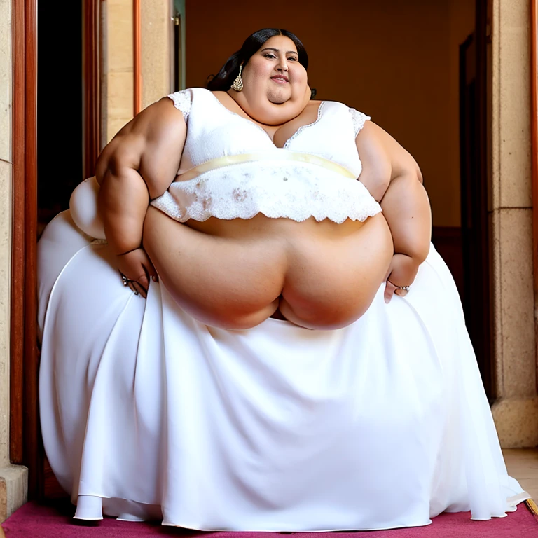 sbbw solo extremely morbidly obese Moroccan woman full body alone wearing a white wedding dress