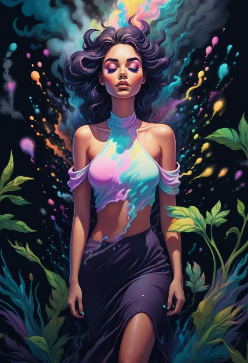 soft pastel colors, cartoon style illustration of a woman as she sees the world while experiencing hallucinations, stoned, splash art, splashed pastel colors, (soft iridiscent glowy smoke) motion effects, best quality, wallpaper art, UHD, centered image, MSchiffer art, ((flat colors)), (cel-shading style) very vibrant neon colors, ((low saturation)) ink lines, iridiscent,