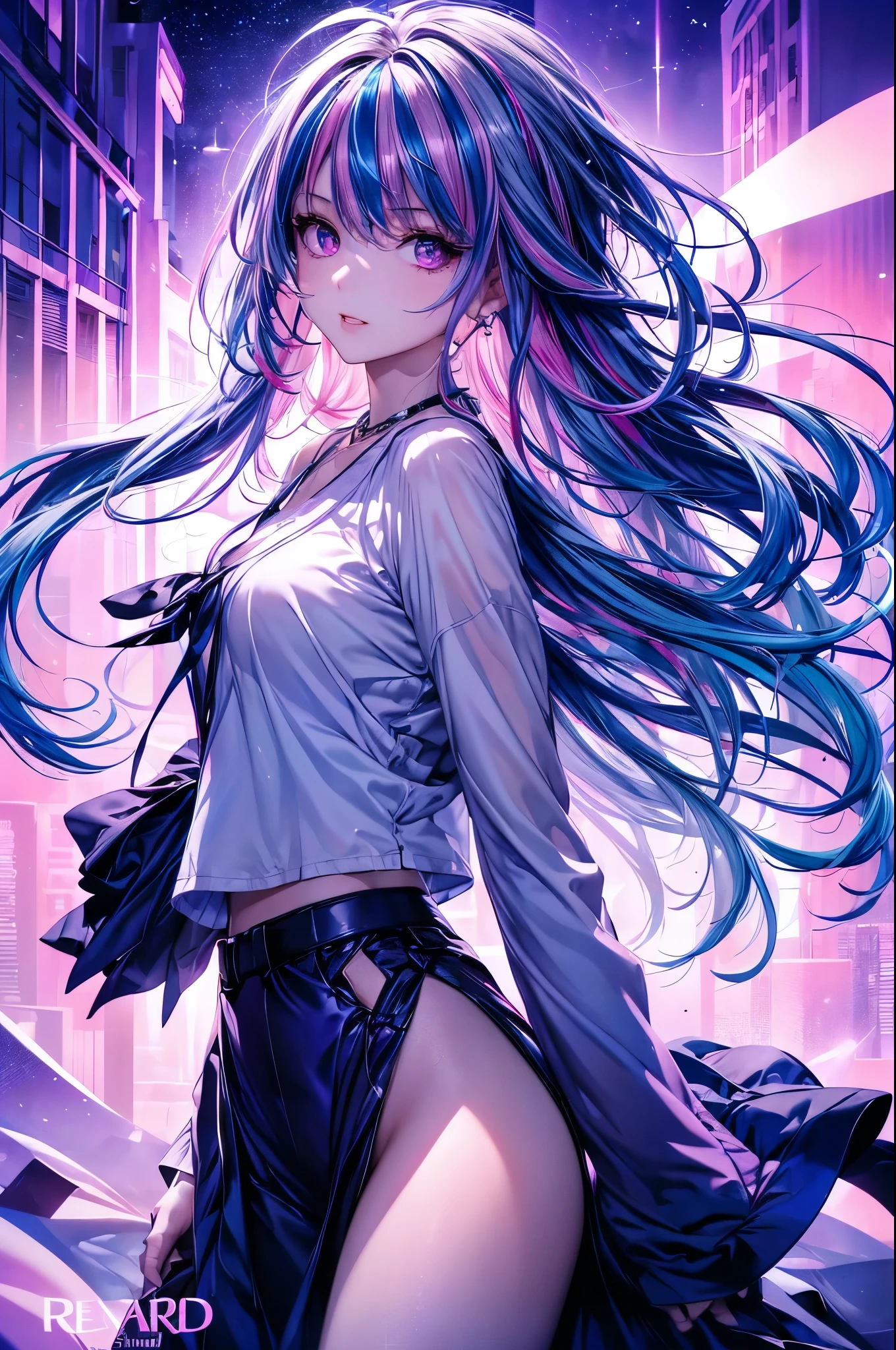 1 girl, 20 year old girl, one person, (Silver blue hair streaked pink purple:1.4), (Gradient sky blue hair ends:1.6), hair strand, absurdly long hair, single sidelock, wavy hair, shiny hair, floating hair, (Illusion deep purple eyes), delicate eyes, aqua eyes, super high detailed eyes, long upper eyelashes, ((glowing eyes)), makeup, Focus on face, Very detailed facial, Pretty Face, Perfect breasts, hot body, (Delicate skin texture:1.2), break, White extra long skirt, Fashion Clothing, necklace, Technical clothing masterpiece, on the street, looking at the starry night sky, meteor, cyberpunk, detailed background, perfect layer cut, clean focus, (magazine:1.3), (cover-style:1.3), Octane Render, Tyndall effect, lifelike, Dark Studio, Side light, Two-color lighting, realism, chiaroscuro, (glowing light), sparkle, ray tracing, cinematic lighting, Futurism, motion blur, atmospheric perspective, Depth of Field, Bokeh, best quality, UHD, super detail, masterpiece, highres, ccurate, retina, anatomically correct