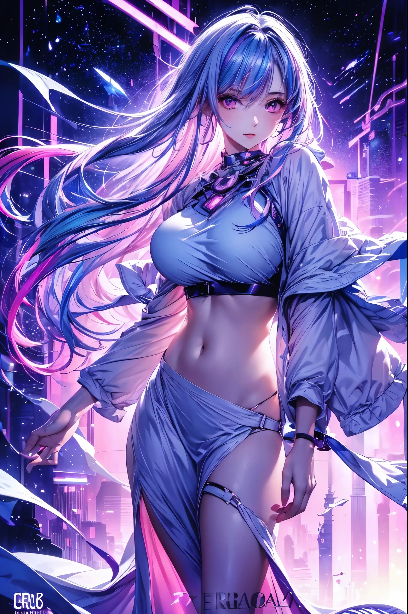 1 girl, 20 year old girl, one person, (Silver blue hair streaked pink purple:1.4), (Gradient sky blue hair ends:1.6), hair strand, absurdly long hair, single sidelock, wavy hair, shiny hair, floating hair, (Illusion deep purple eyes), delicate eyes, aqua eyes, super high detailed eyes, long upper eyelashes, ((glowing eyes)), makeup, Focus on face, Very detailed facial, Pretty Face, Perfect breasts, hot body, (Delicate skin texture:1.2), break, White extra long skirt, Fashion Clothing, necklace, Technical clothing masterpiece, on the street, looking at the starry night sky, meteor, cyberpunk, detailed background, perfect layer cut, clean focus, (magazine:1.3), (cover-style:1.3), Octane Render, Tyndall effect, lifelike, Dark Studio, Side light, Two-color lighting, realism, chiaroscuro, (glowing light), sparkle, ray tracing, cinematic lighting, Futurism, motion blur, atmospheric perspective, Depth of Field, Bokeh, best quality, UHD, super detail, masterpiece, highres, ccurate, retina, anatomically correct